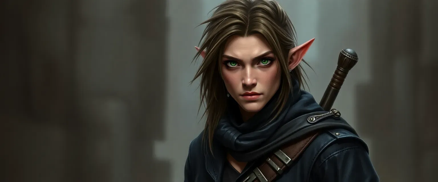 28-year-old half-elf rogue, medium build, dark leathers, piercing green eyes, aloof demeanor.