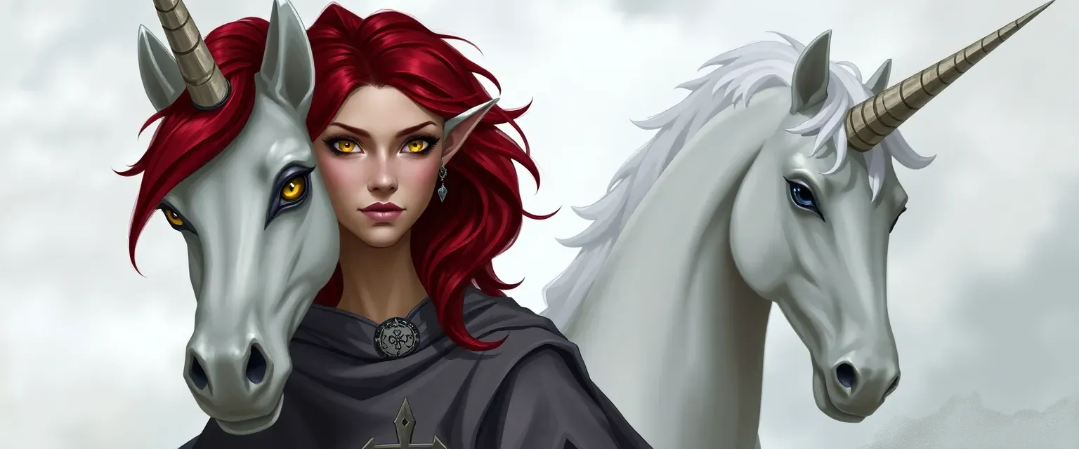 A changeling cleric with dark red hair, yellow eyes, pale skin, wearing cleric robes, accompanied by a unicorn.
