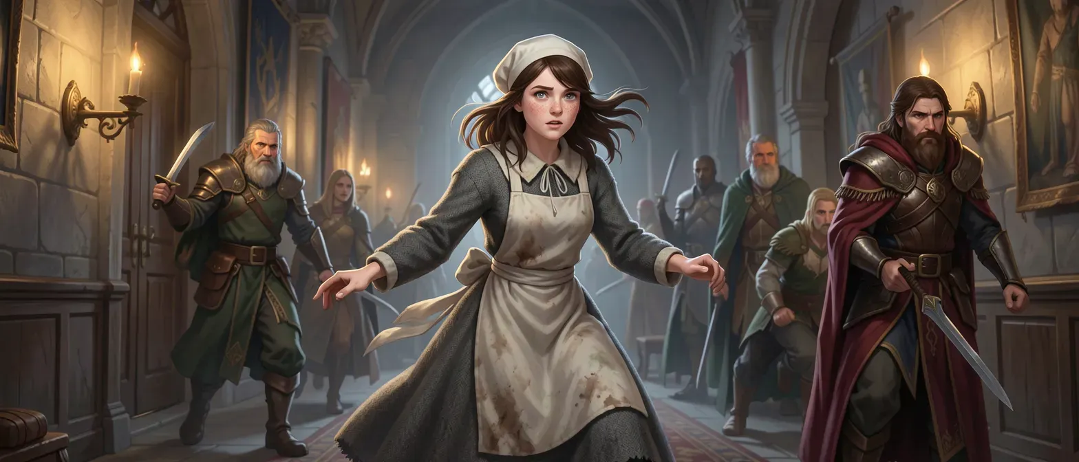 A shy 19-year-old servant girl with mousy brown hair under a white cap, pale freckled face, gray eyes, wearing a drab gray woolen dress and stained apron, slight build, in a dimly lit manor hallway.
