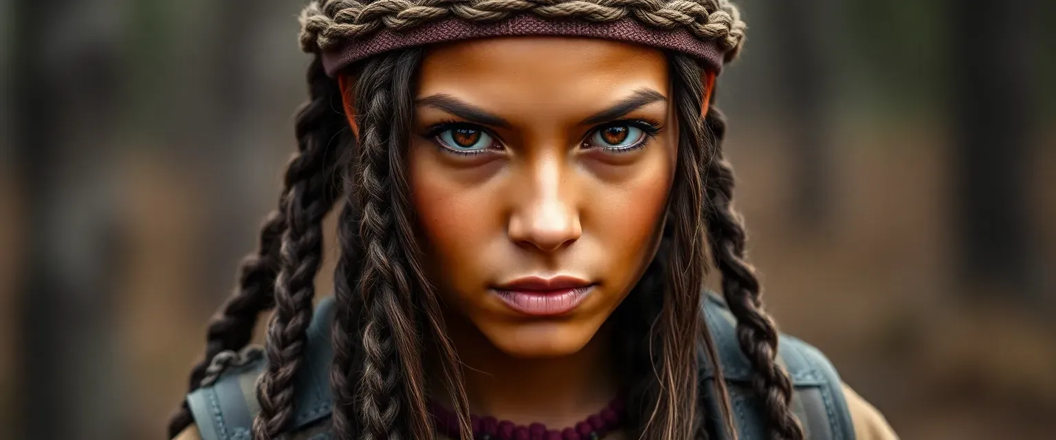 Mid-thirties woman with long braided hair, piercing brown eyes, wearing survival gear and traditional Choctaw elements.