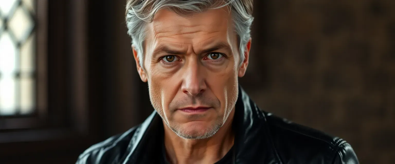 38-year-old man with graying hair and haunted brown eyes, wearing a black leather jacket and combat boots.