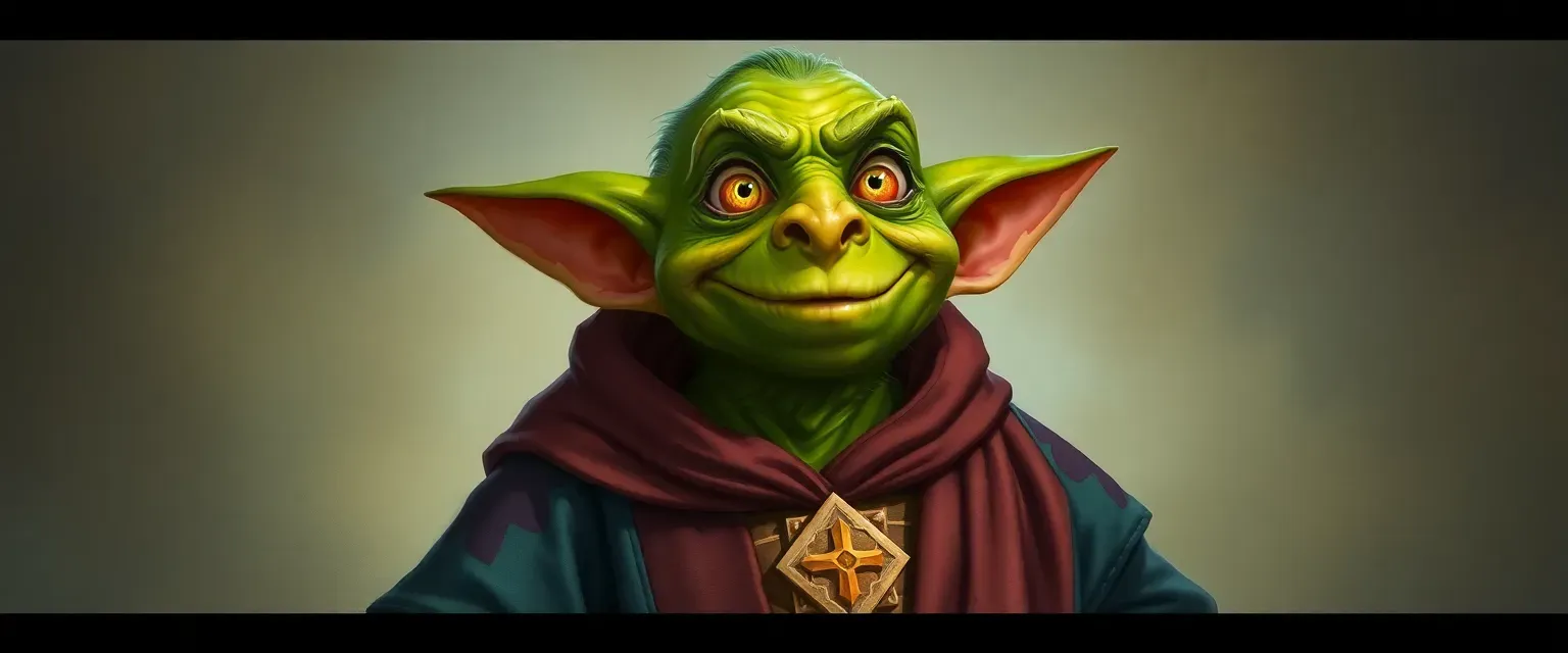 A tall hobgoblin with green skin and yellow eyes, wearing colorful cleric robes, smiling warmly.