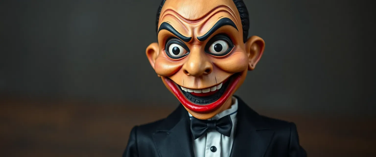 A two-foot-tall ventriloquist dummy carved from aged wood, with a sinister grin and gleaming eyes, dressed in a tuxedo.