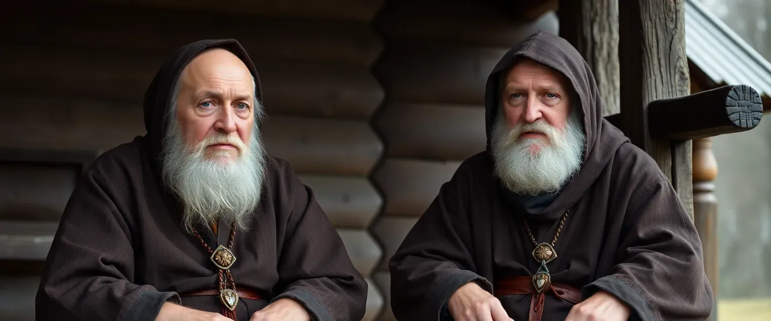 Two elderly Slavic men, one blind and one hard of hearing, wearing worn cloaks, sitting on a wooden porch.