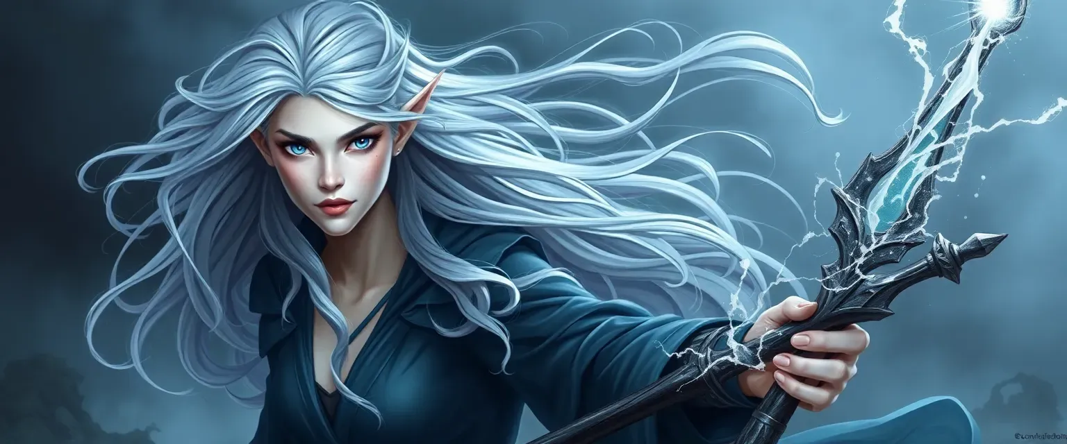 Elegant Elven mage with pale skin, blue eyes, and flowing grey hair, dressed in storm-hued robes, wielding a crackling staff.