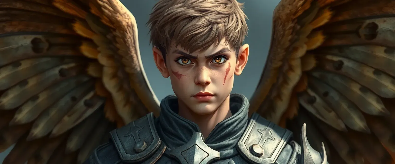 Young man with owl-like wings, scarred face, and hazel eyes, wearing light armor.