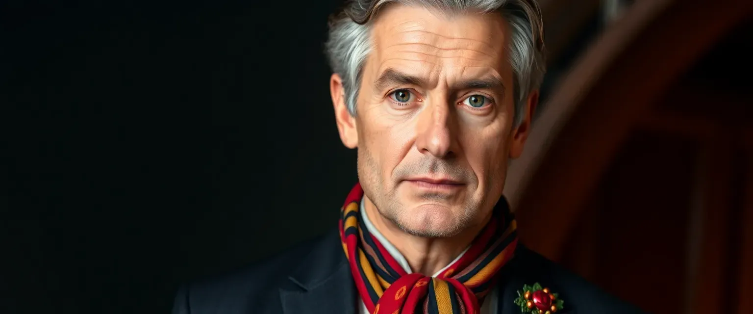 Man in his 40s, salt-and-pepper hair, deep brown eyes, tailored suit with vibrant scarf or brooch.