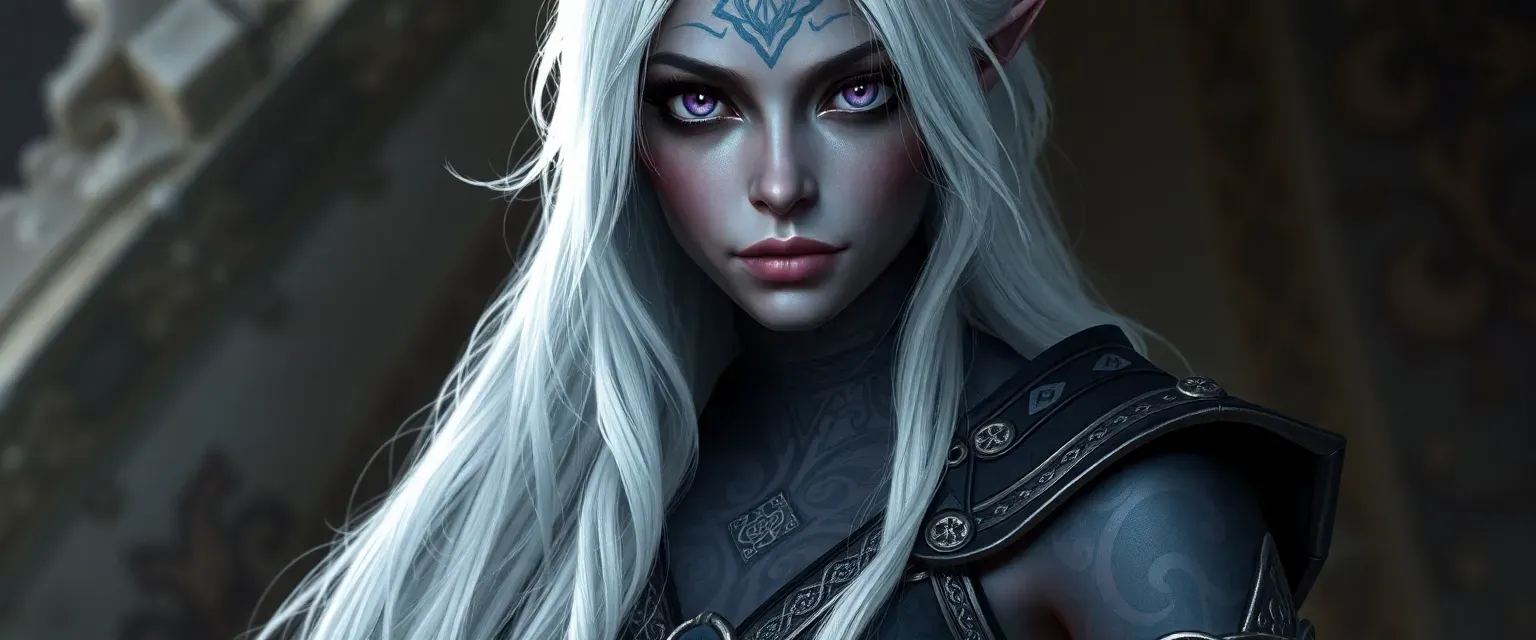Drow woman with silver-white hair, violet eyes, dark skin with intricate tattoos, wearing traditional drow armor with elven symbols.