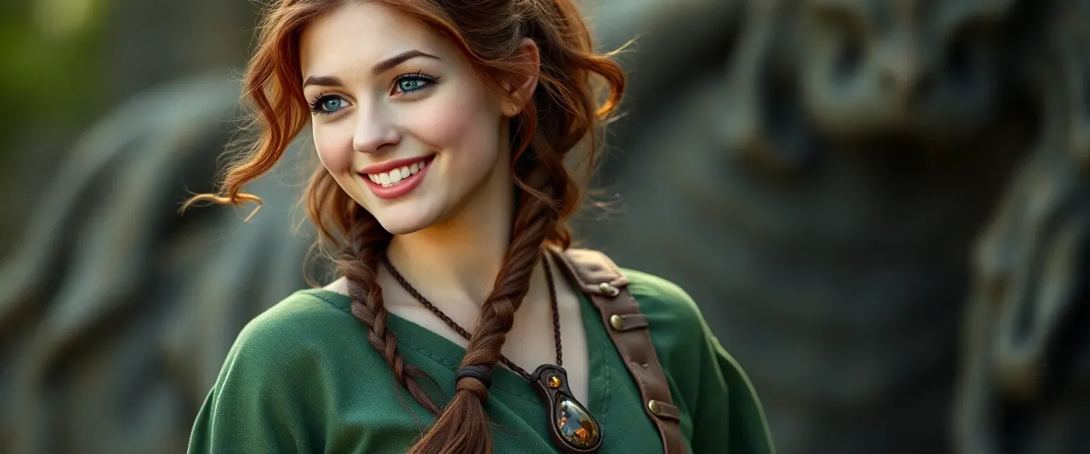 A 25-year-old woman with fair freckled skin, chestnut wavy hair in a braid, sharp blue eyes, wearing a green linen tunic, vine belt, leather boots, and amber pendant; humming softly with a warm, optimistic smile.