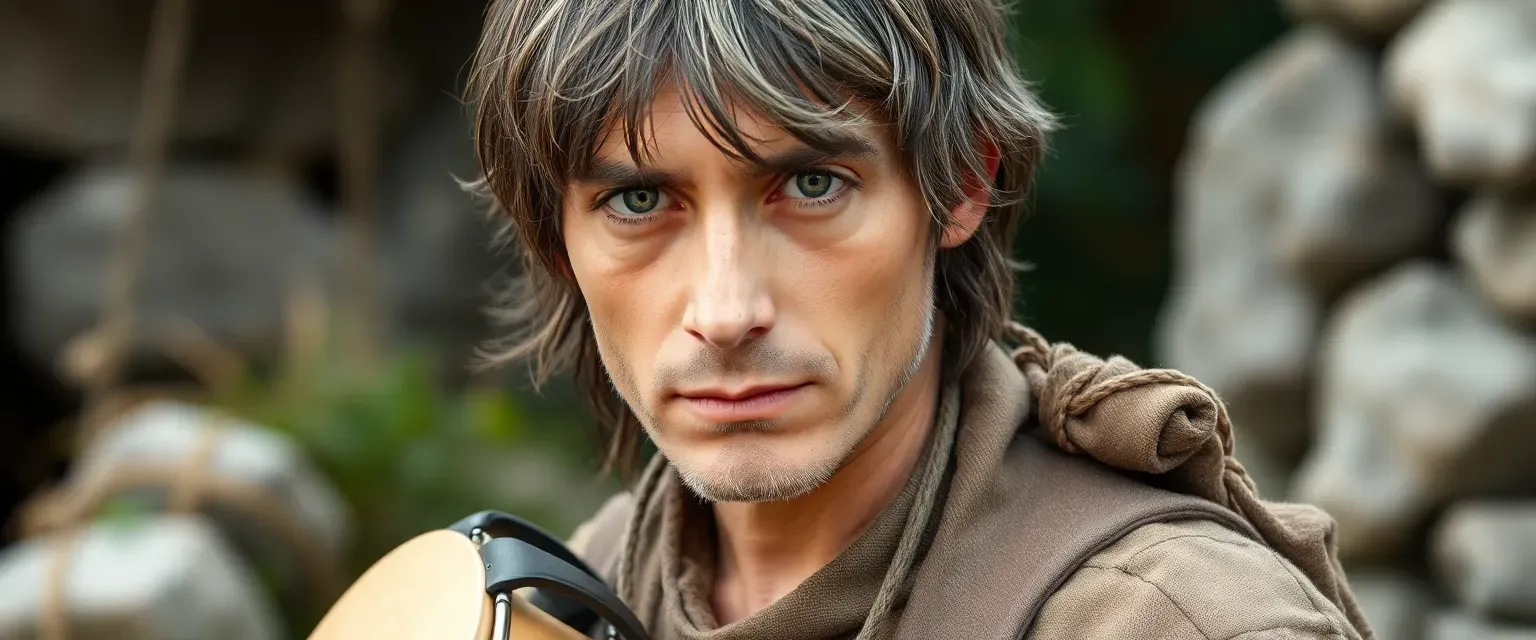 A 30-year-old Slavic villager with unkempt brown-gray hair, deep brown eyes, wearing simple homespun clothes, carrying a hand drum and tambourines.