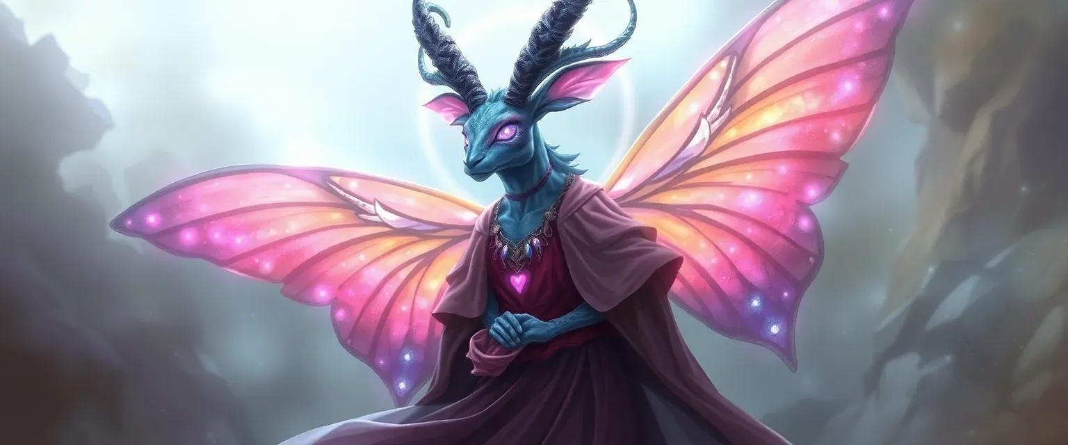 Ethereal jackalope humanoid with butterfly wings, flowing robes, and violet eyes, surrounded by a halo of light.