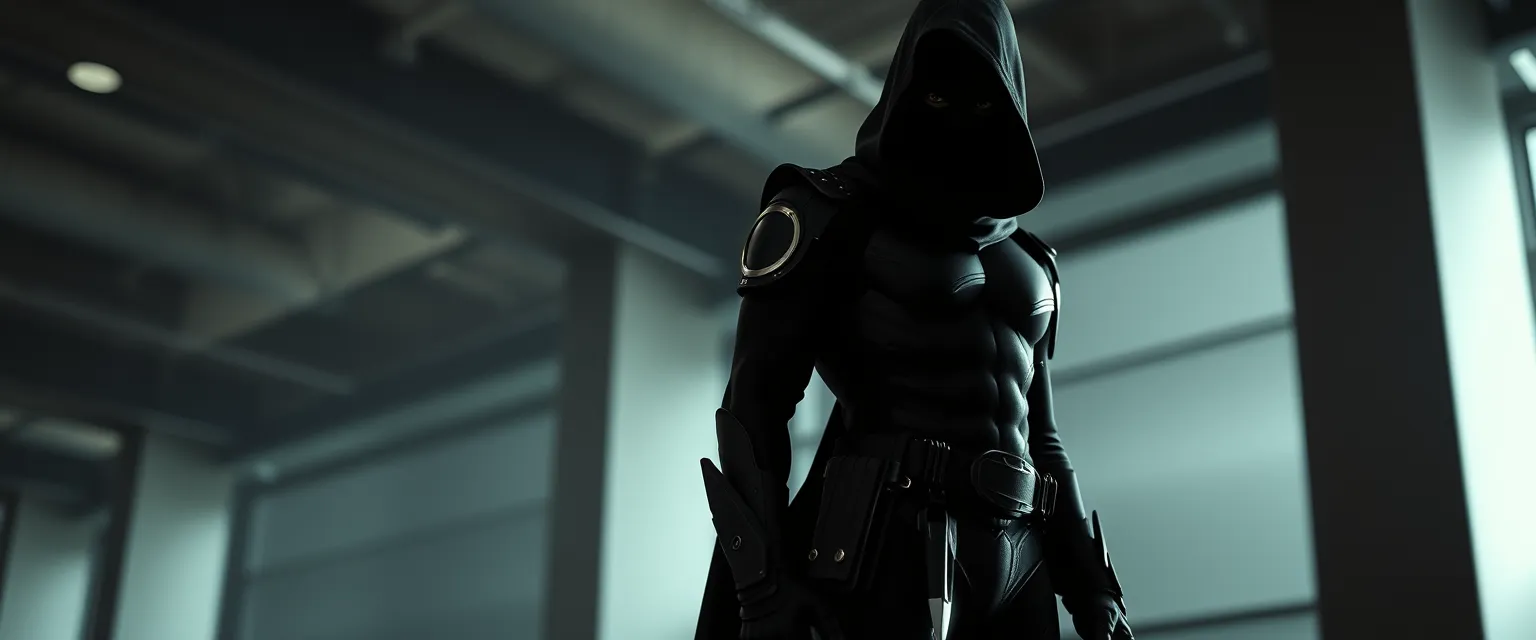 A man shrouded in darkness, Vantablack stands tall and lean, his muscular frame concealed beneath armor as black as the void. The light-absorbing material of his suit makes him invisible in the shadows. With his face hidden, he moves with a chameleon-like grace, his eyes sharp and calculating. He wears a belt holding tools of his trade: binoculars, a silenced pistol, and a small blade. His presence is both haunting and alluring, an unstoppable force of chaos and death.