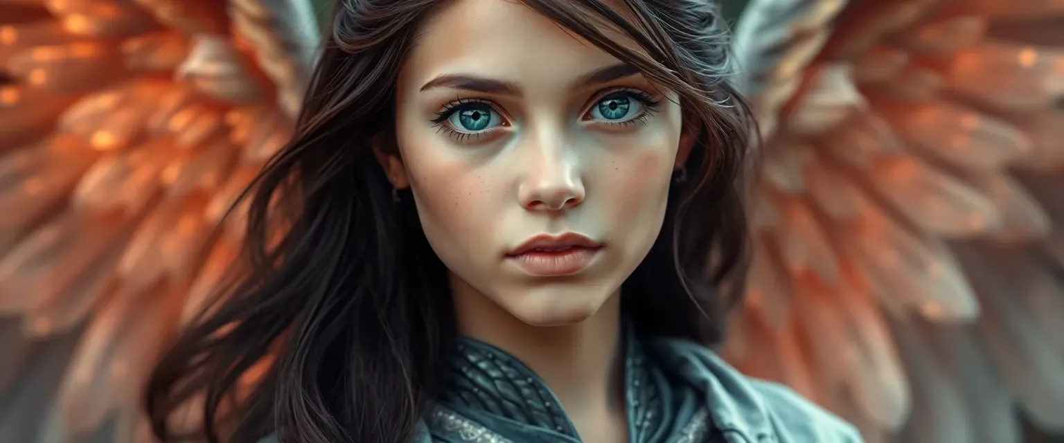 15-year-old girl with tan skin, blue eyes, and dark brown hair, dressed in ethereal robes of a seraphim angel of death.