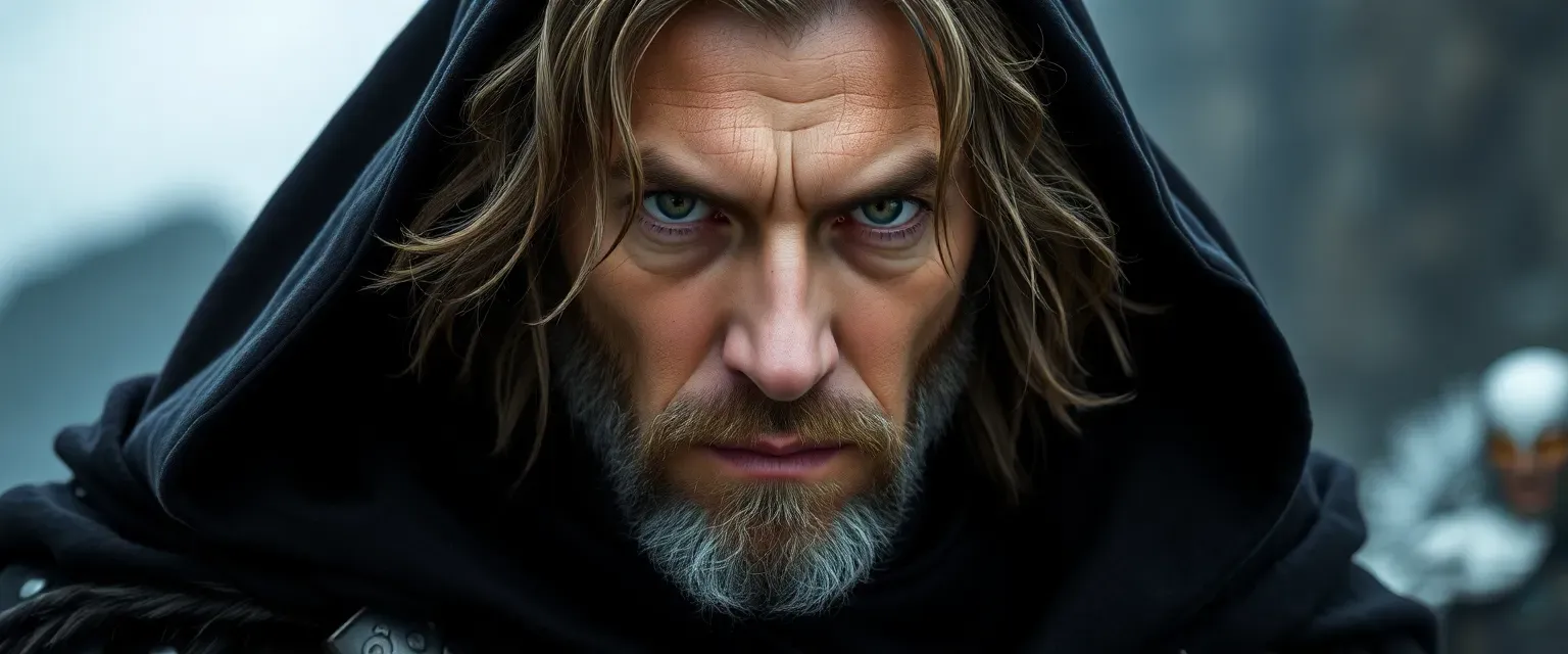 Late thirties, graying brown hair, piercing gray eyes, clad in dark obsidian armor, heavy black cloak.