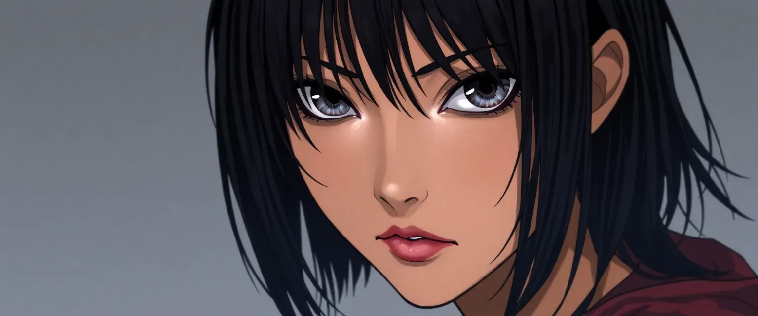 Waist-length black hair, curtain bangs, sharp eyes, piercing gaze, brown skin, cold and intense.
