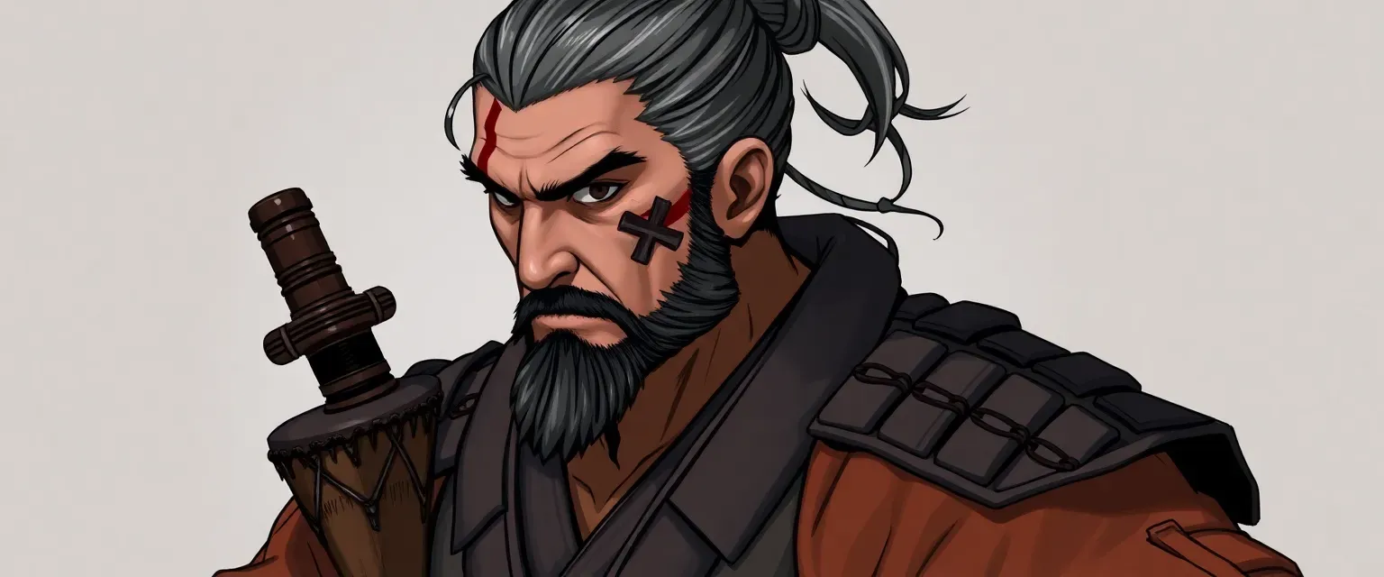 32-year-old samurai with a cross scar on cheek, wooden leg, traditional armor, gray-streaked hair in topknot.
