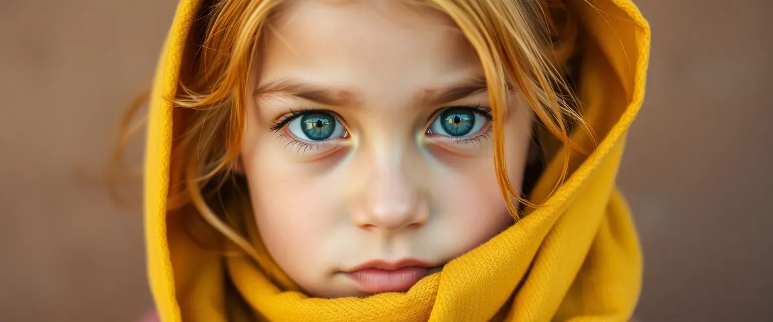 7-year-old girl with yellow hair and skin, wearing a worn yellow scarf, vibrant eyes.