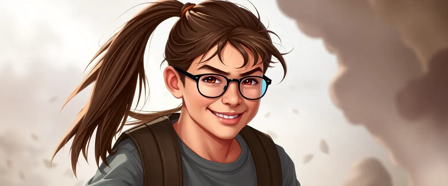 14-year-old boy with a long ponytail and glasses, casual clothes, mischievous smile.