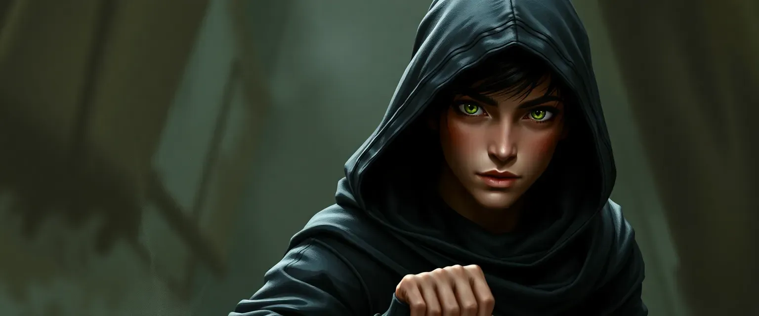 Seventeen-year-old rogue assassin, lean with piercing green eyes, wearing dark, practical attire and a hooded cloak.