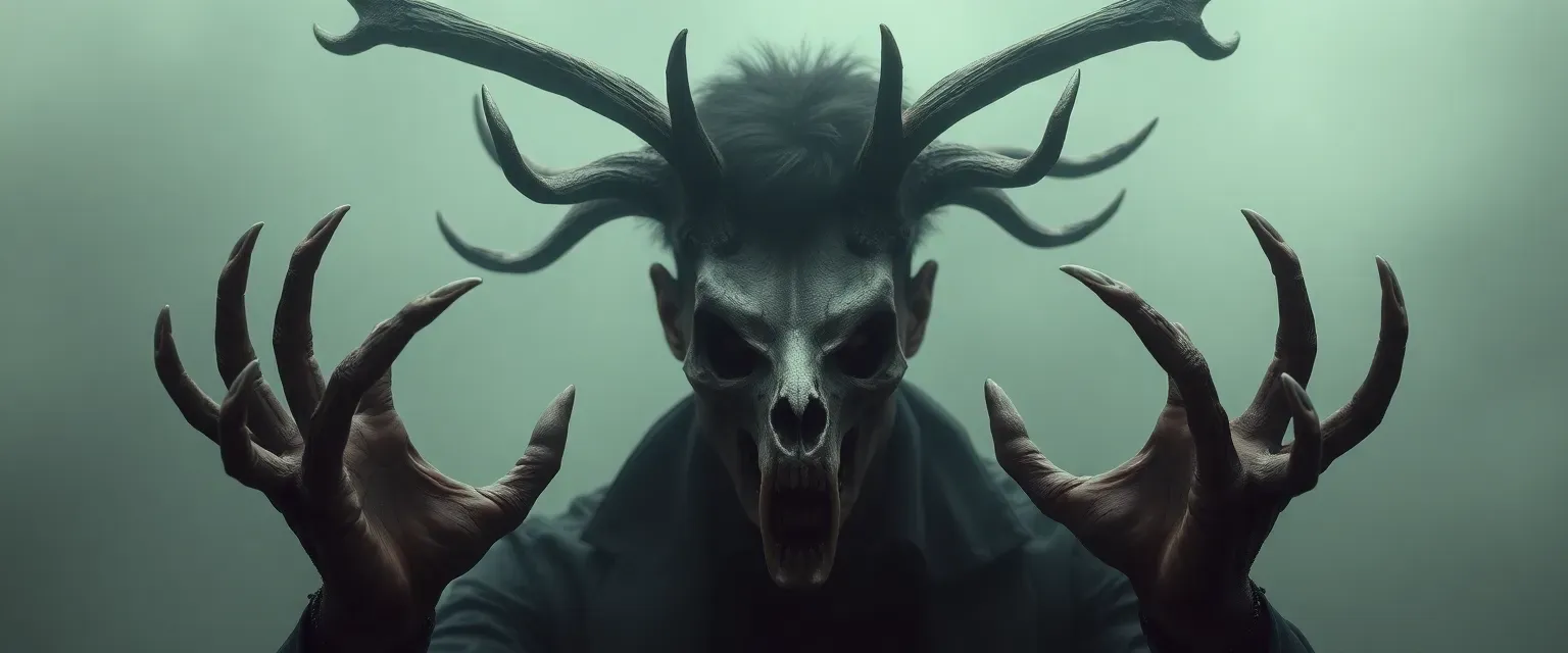 A man transformed into a monstrous entity with antlers, bony clawed hands, and a deer skull face, shrouded in dark fog.