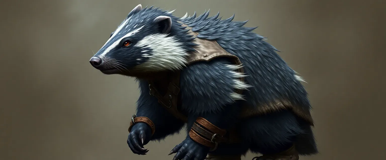 Rugged badger man with gray-black fur, leather vest, and mud-caked boots, exuding strength and resilience.