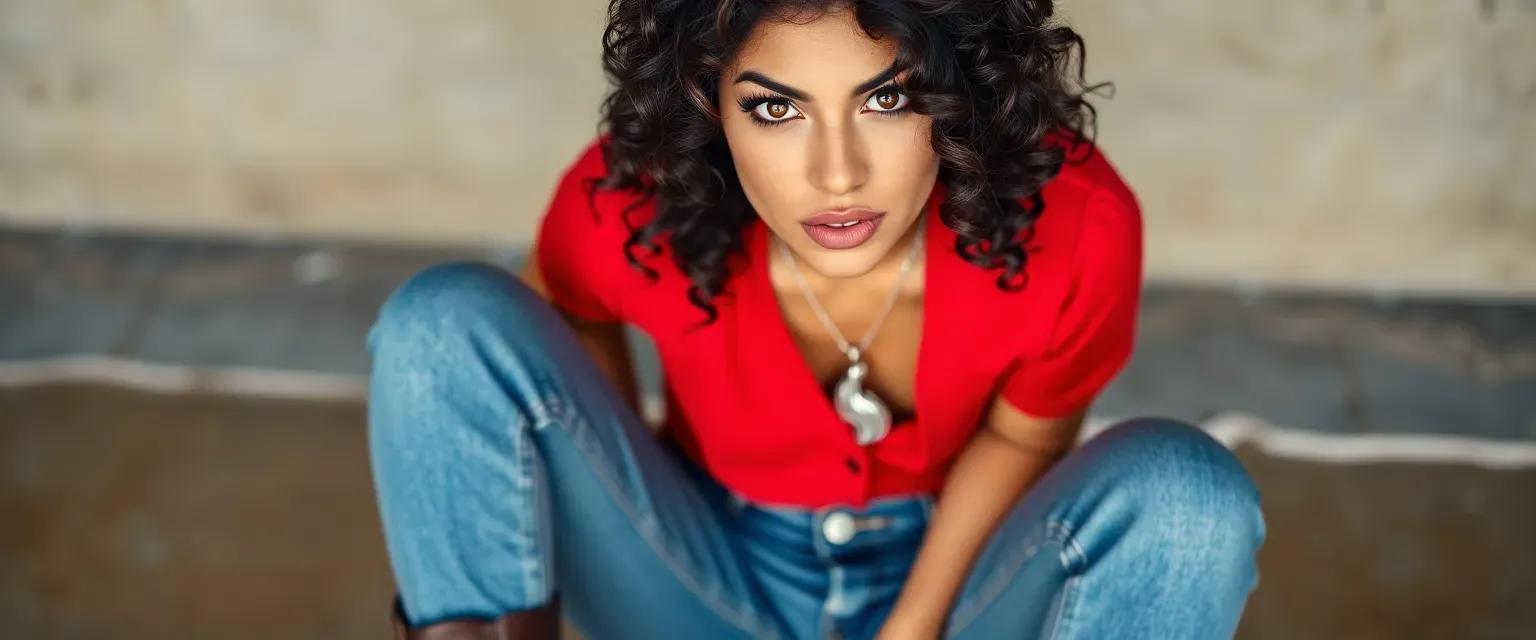 Early 30s Latina woman with caramel skin, dark curly hair, and fierce brown eyes, wearing a red blouse, jeans, and boots with a silver flame pendant.
