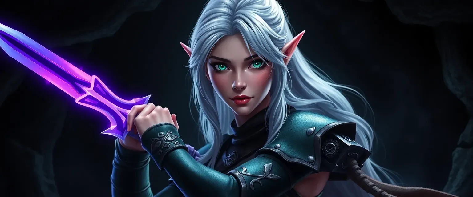 Half-elf woman with silver hair and emerald eyes, wielding a purple glowing sword, in a dark cave.