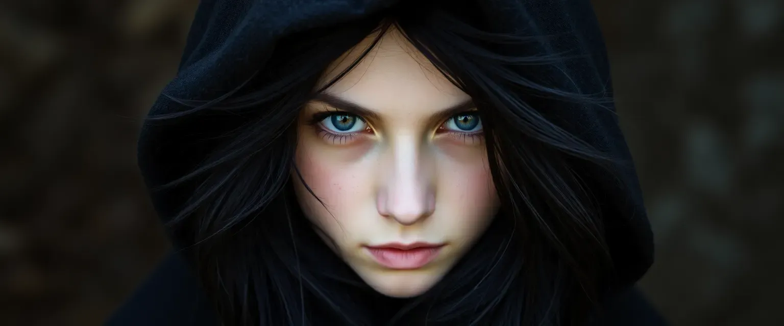 Young witch, 18, with amethyst eyes and wild black hair, wearing a dark, worn cloak.