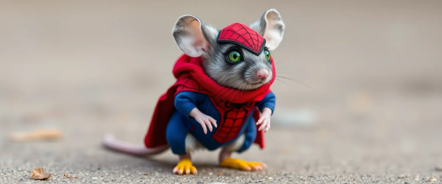 A small mouse with a Spider-Man-like suit, red and blue fabric, and yellow shoes, standing at 12 inches tall. His fur is gray with white patches, and his eyes are a startling green.