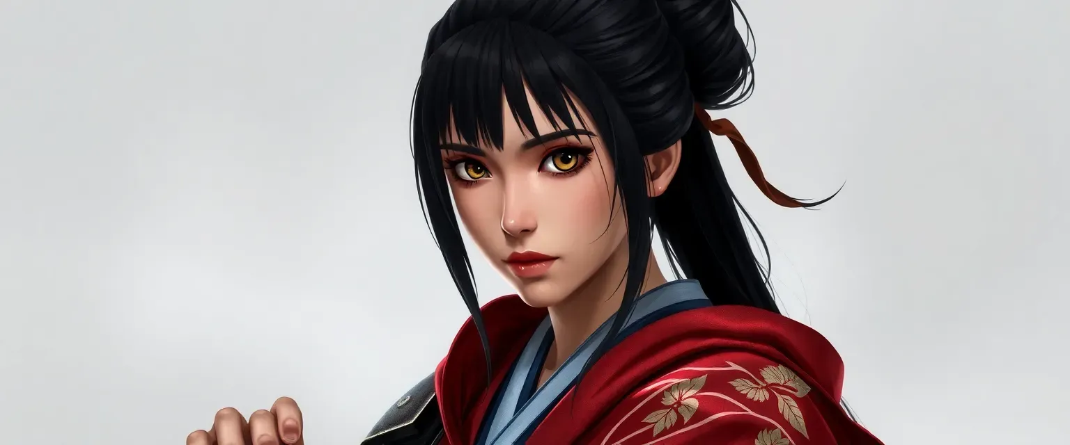 28-year-old female samurai with long black hair in a bun, wearing a mix of samurai armor and geisha robes, deep brown eyes.