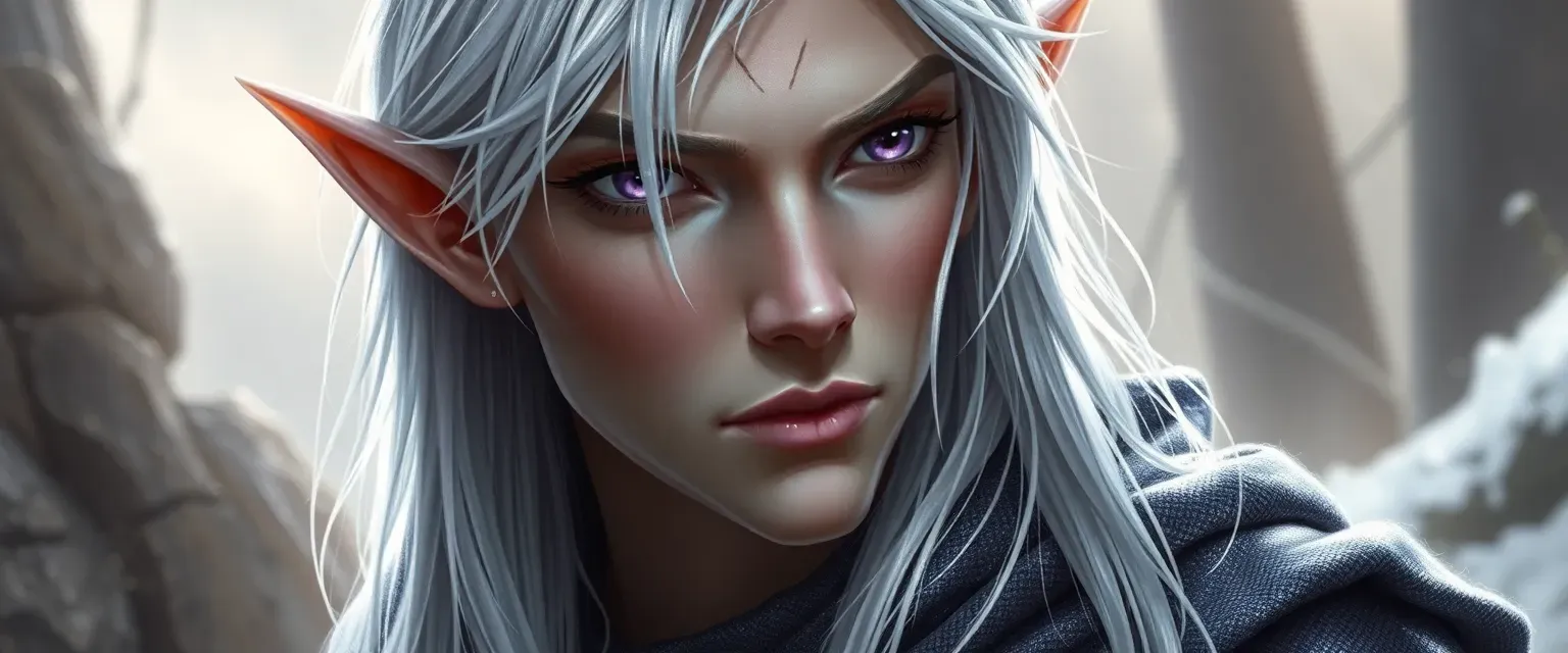 Tall high-elf with silver hair and violet eyes, wearing a shimmering cloak, exuding charm and unpredictability.