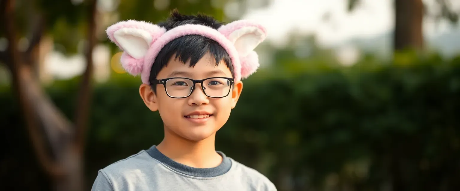 A 14-year-old Chinese-Sudanese boy named JingJing wears glasses and an Aquapets t-shirt. He sports a headband with fluffy pink ears resembling Puku from Aquapets.