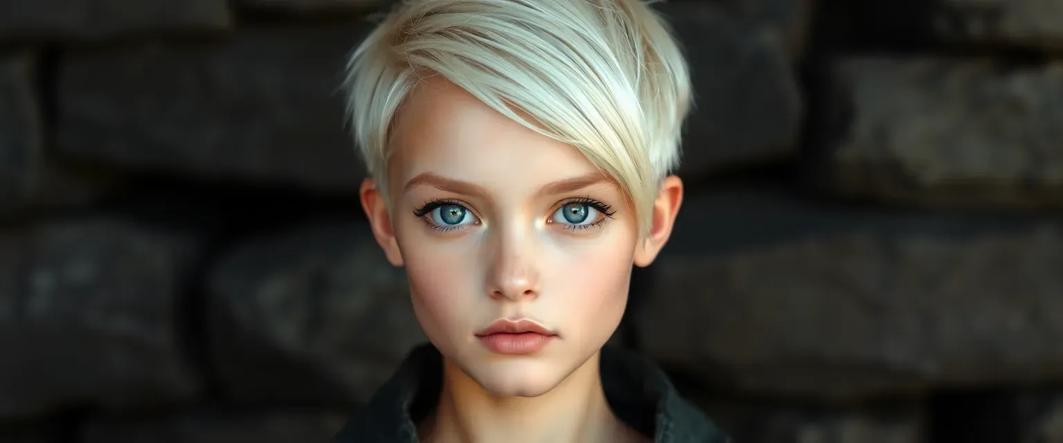 18-year-old girl with platinum blond pixie cut, one side shaved, sharp angular face, sea-blue eyes with burnt sienna, thin, unblemished skin.