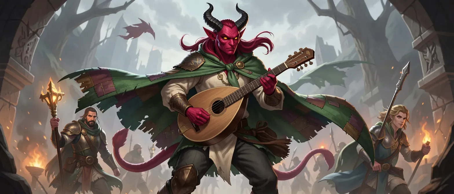 A 28-year-old crimson-skinned tiefling bard with curved black horns, amber eyes, and a sinuous tail. Wears a patchwork emerald cloak, linen tunic, and carries a lute; lean build, shadowed expression.