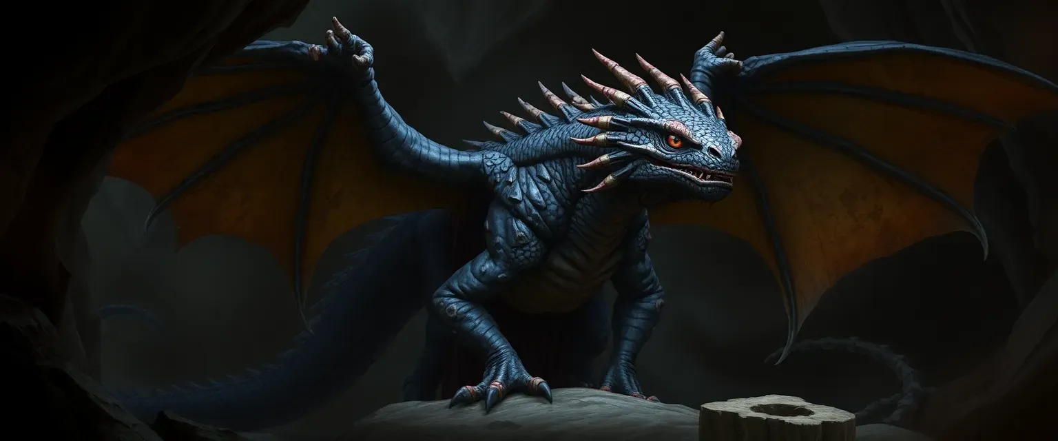 A scarred, obsidian-scaled dragon hybrid, 20 feet long with tattered wings and amber eyes, draped in a stained spider-silk cloak, brooding in shadowed caverns.