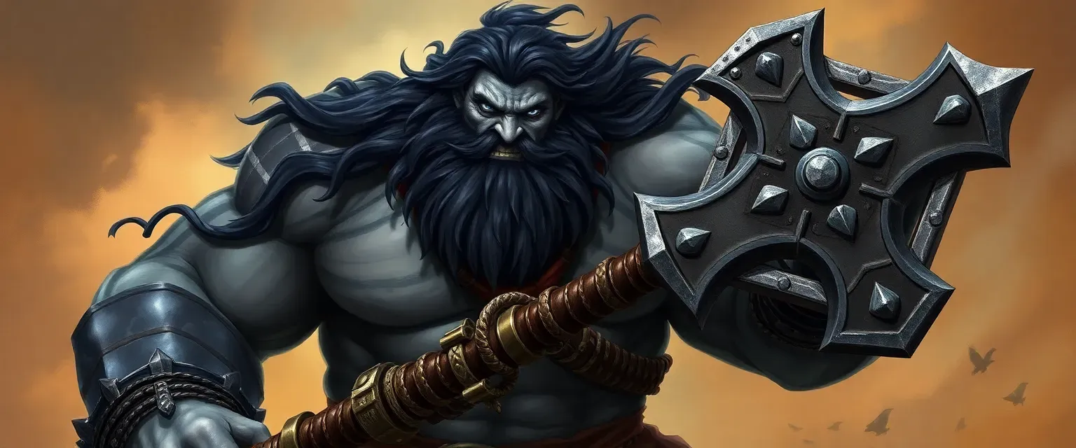 A giant barbarian with grey skin, blue eyes, and long dark hair, wielding a massive warhammer.