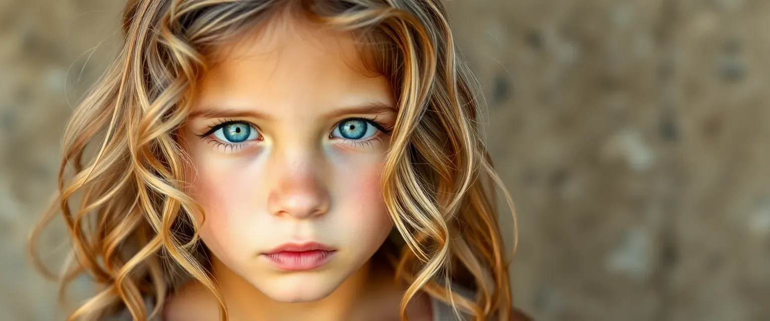 12-year-old girl, sun-bleached wavy hair, sea-green eyes, tanned skin, wearing simple worn clothes.