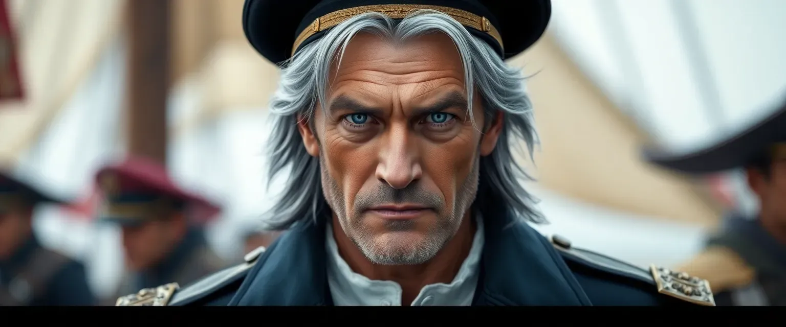 A middle-aged man with silver-streaked black hair and piercing blue eyes, wearing a decorated naval uniform.
