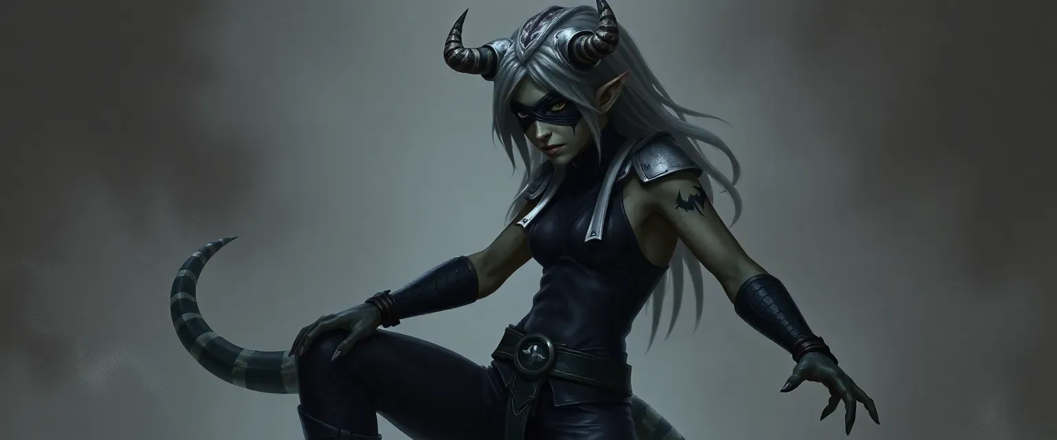 Half-snake demon, half-winter eladrin elf, black eyepatch, half-face mask, leather pants, tail as belt.