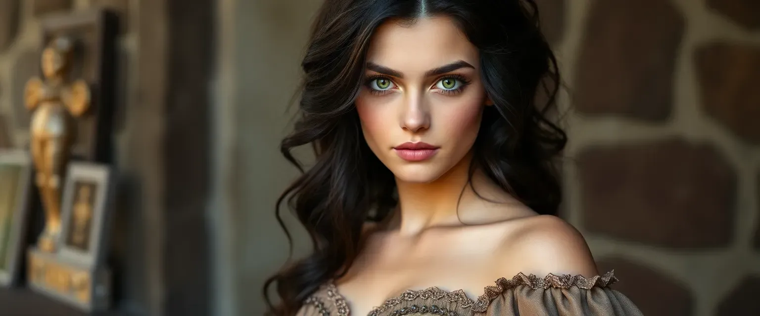 22-year-old woman with dark wavy hair and piercing green eyes, wearing an elegant yet slightly outdated dress.