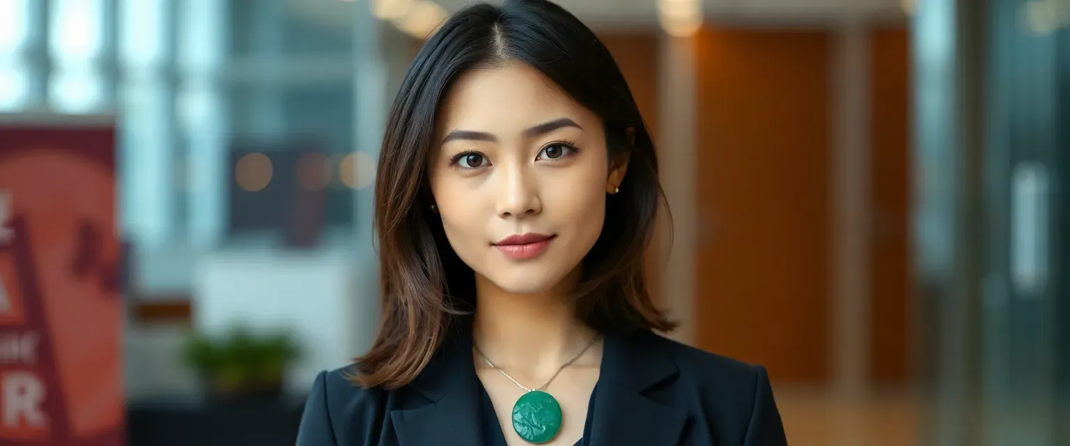 A petite Asian-American woman in her late 20s with ombre black-brown hair, honey-colored eyes, wearing designer business casual attire with a signature jade pendant necklace.