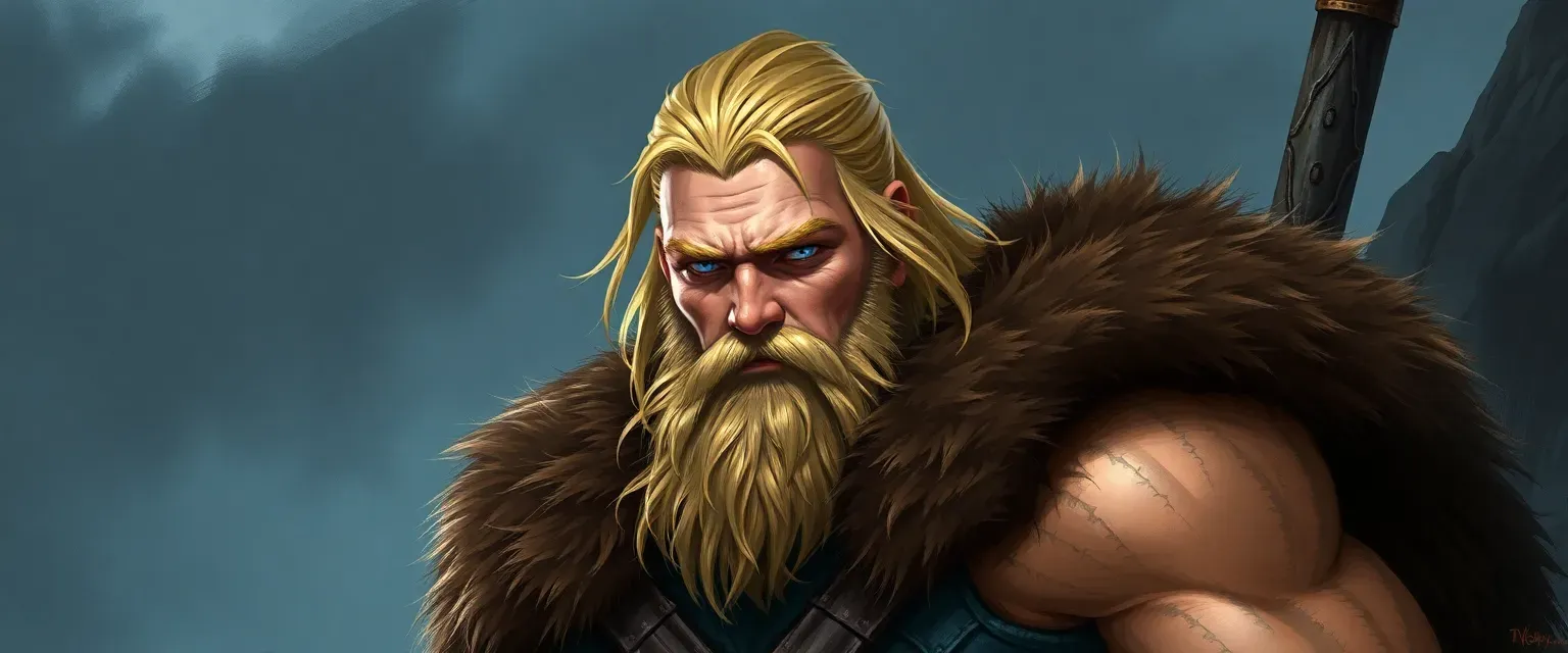 Tall Viking warrior with blonde hair, blue eyes, and a bear pelt cloak, muscular and scarred from battle.