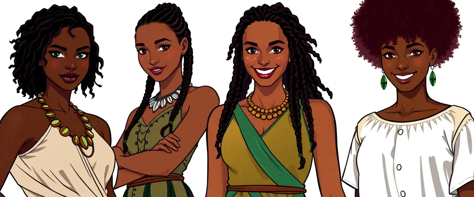 Aaliyah: 22, deep brown skin, green eyes, tribal dress, defiant posture. Zara: 19, light brown skin, brown eyes, braided hair, tribal dress, infectious laughter. Nia: 17, golden skin, brown eyes, afro, tribal dress, silent strength.