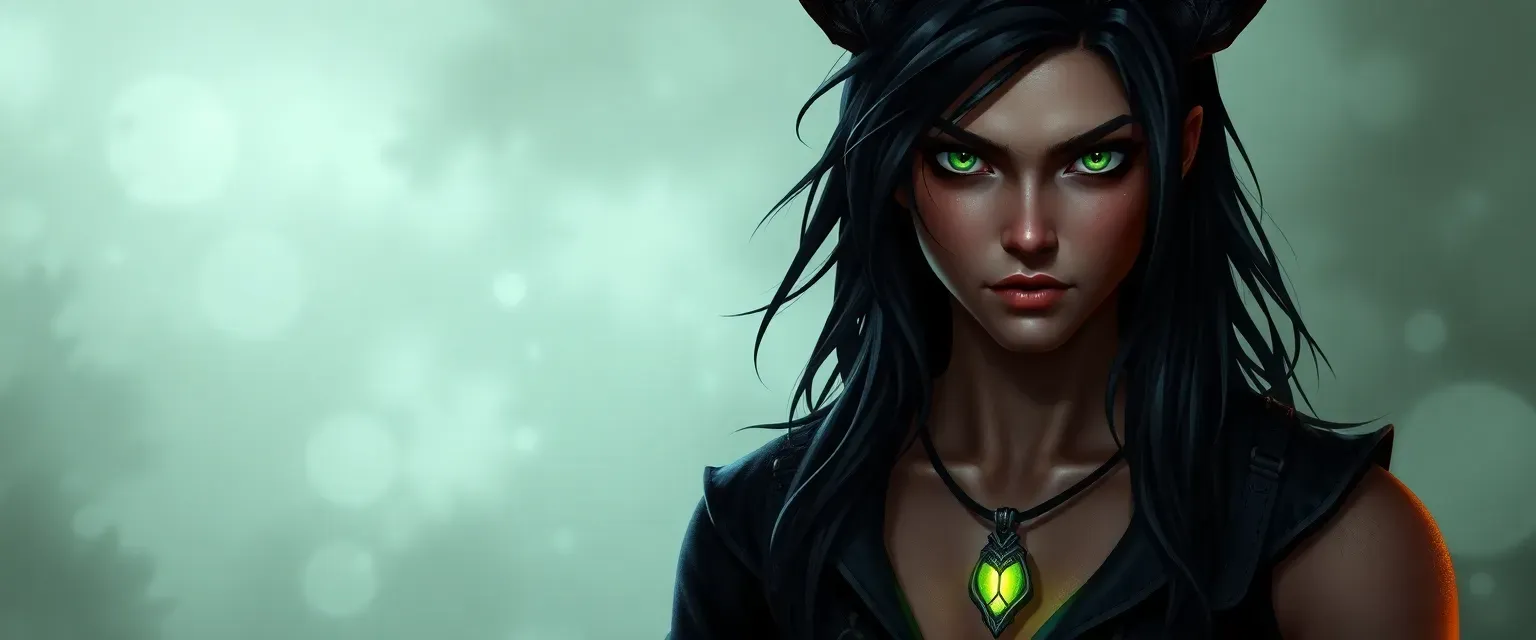 25-year-old demon hunter with long black hair, piercing green eyes, and a muscular build. Wears dark, functional clothing and a firefly necklace.