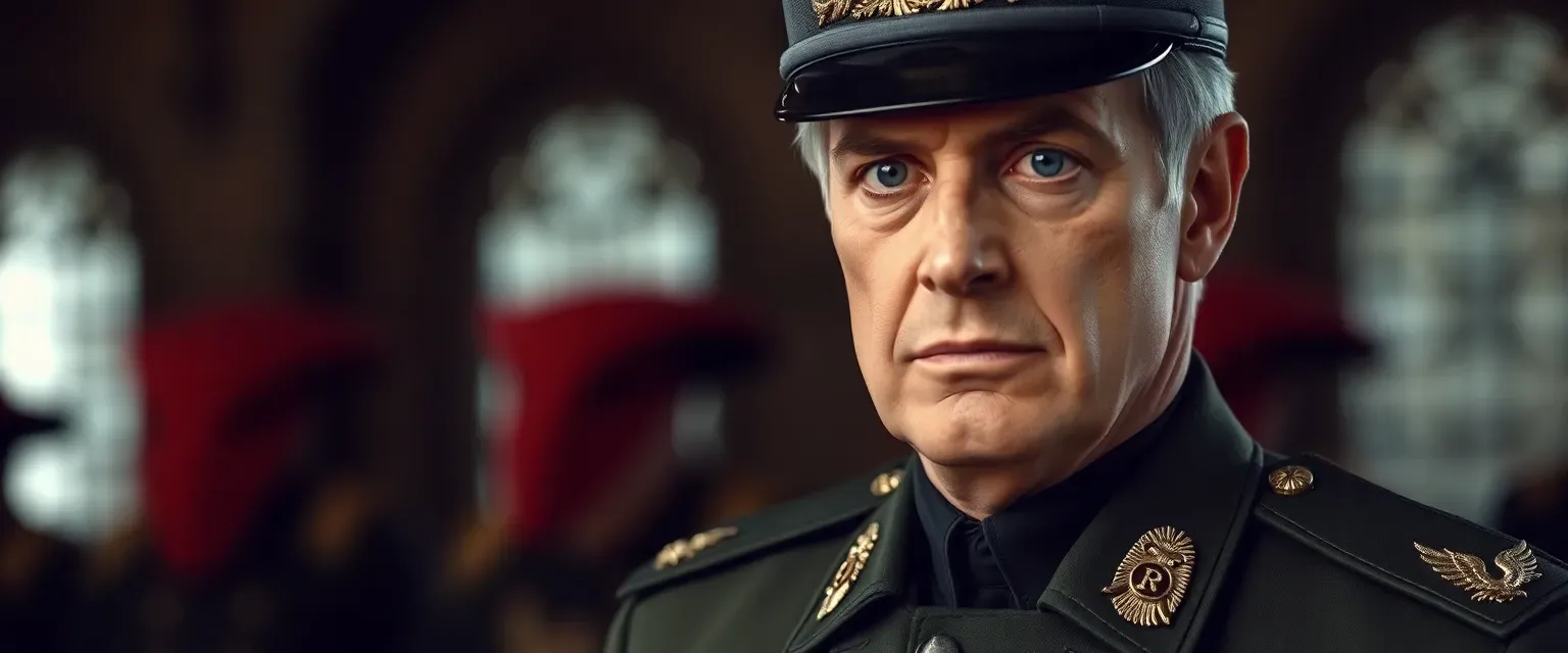 52-year-old British Army Brigadier, grey hair, sharp blue eyes, tall, lean, wearing authoritative military uniform.
