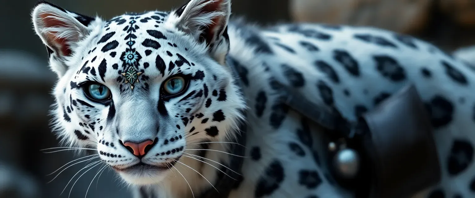 20-year-old female Snow Leopard Tabaxi, sleek silver fur, black rosettes, piercing blue eyes, dark leather attire, pouches with shiny baubles.