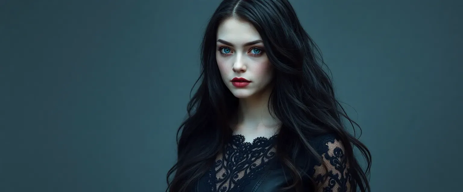19-year-old gothic mage with raven hair, violet eyes, and pale skin, wearing an obsidian lace and leather dress.