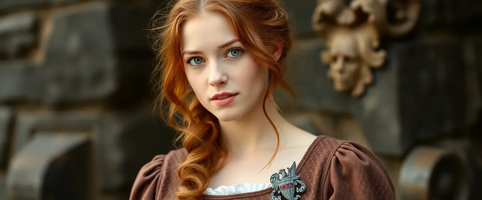 Young woman with auburn hair, practical yet elegant dress, wearing a knight's brooch.