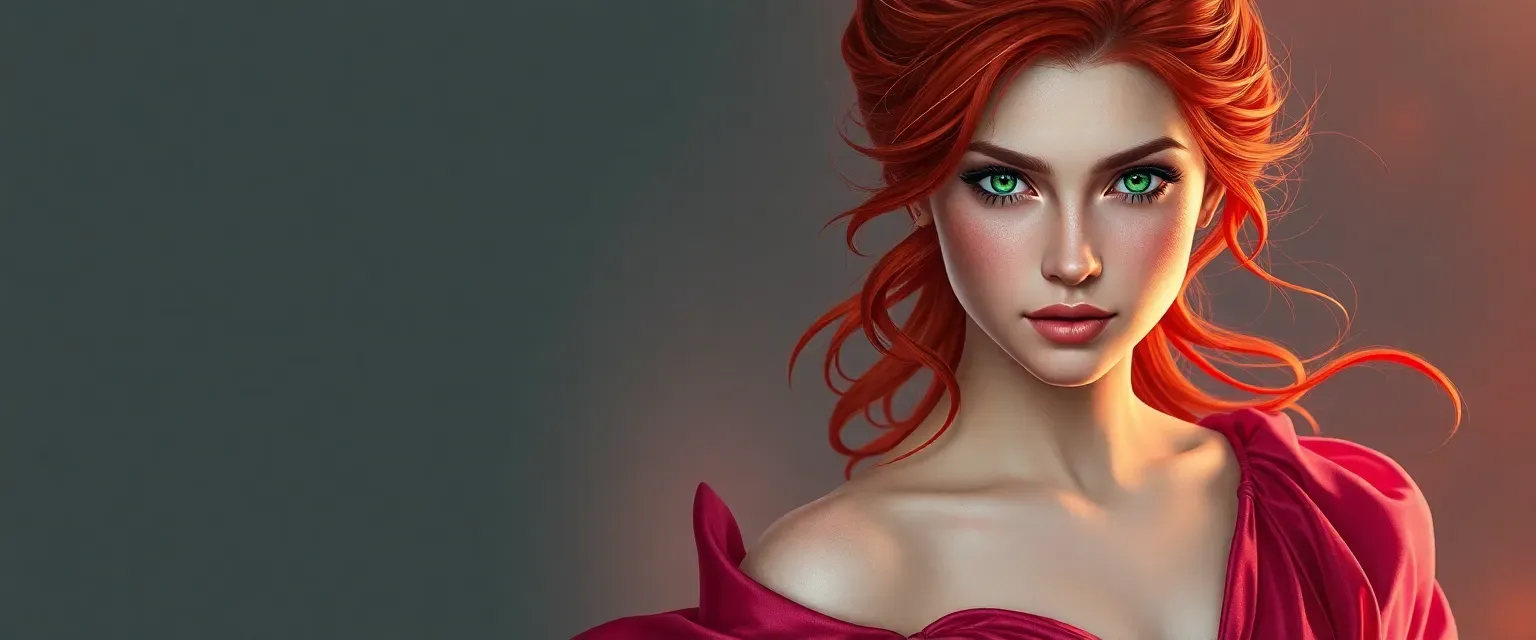 Young woman with fiery red hair, emerald eyes, pale skin, wearing a silken gown in shifting hues of pink to red.