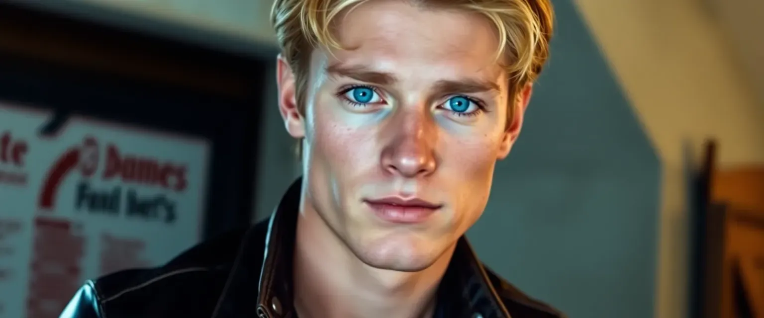 Tall 24-year-old man with blonde-brown hair, strong jaw, dimples, and big blue eyes, wearing a leather jacket and jeans.